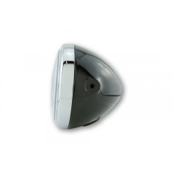 Forlygte Reno 7" i blank sort metal hus. H4 prisme og positionslys  montering 8 mm bolt E-godkendt